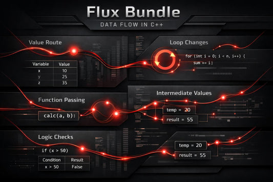 Diagram of data flow in C++ with red lines and text on a dark background