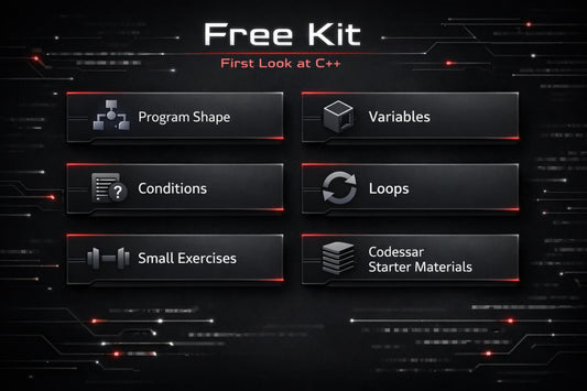 Interface with buttons labeled 'Program Shape', 'Variables', 'Conditions', 'Loops', 'Small Exercises', and 'Codesar Starter Materials' on a dark background.