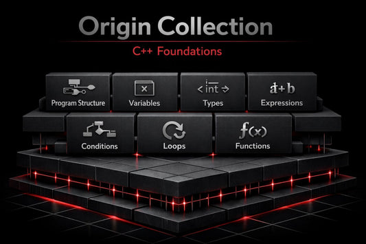 Stack of black blocks with C++ programming concepts on a dark background, labeled 'Origin Collection C++ Foundations'.