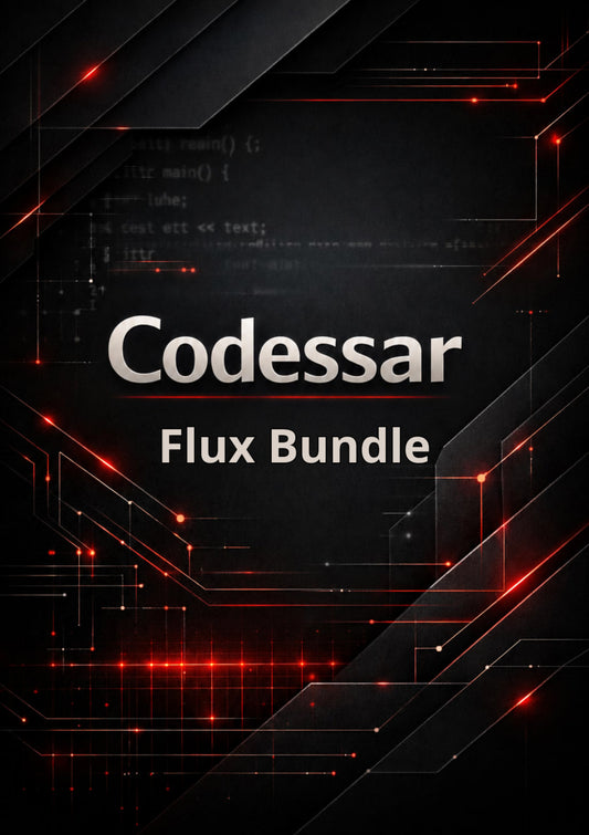 Codessar Flux Bundle packaging with technical design elements on a dark background