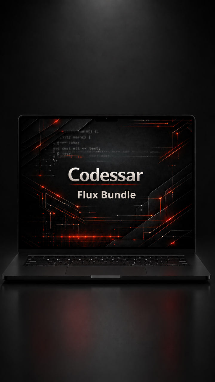 Laptop displaying 'Codessar Flux Bundle' on a dark background