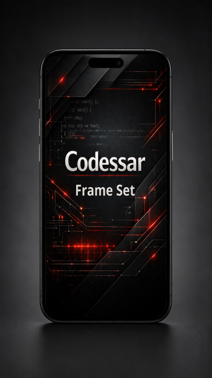 Smartphone with Codessar frame set design on a dark background