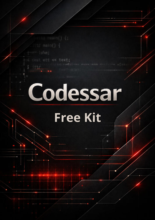 Codessar Free Kit with technical design elements on a dark background