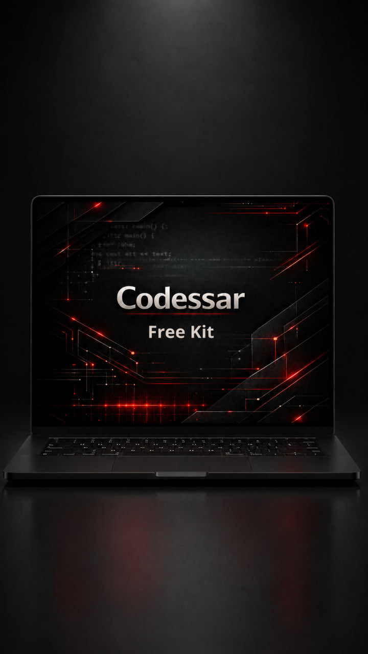 Laptop displaying 'Codessar Free Kit' on a dark background