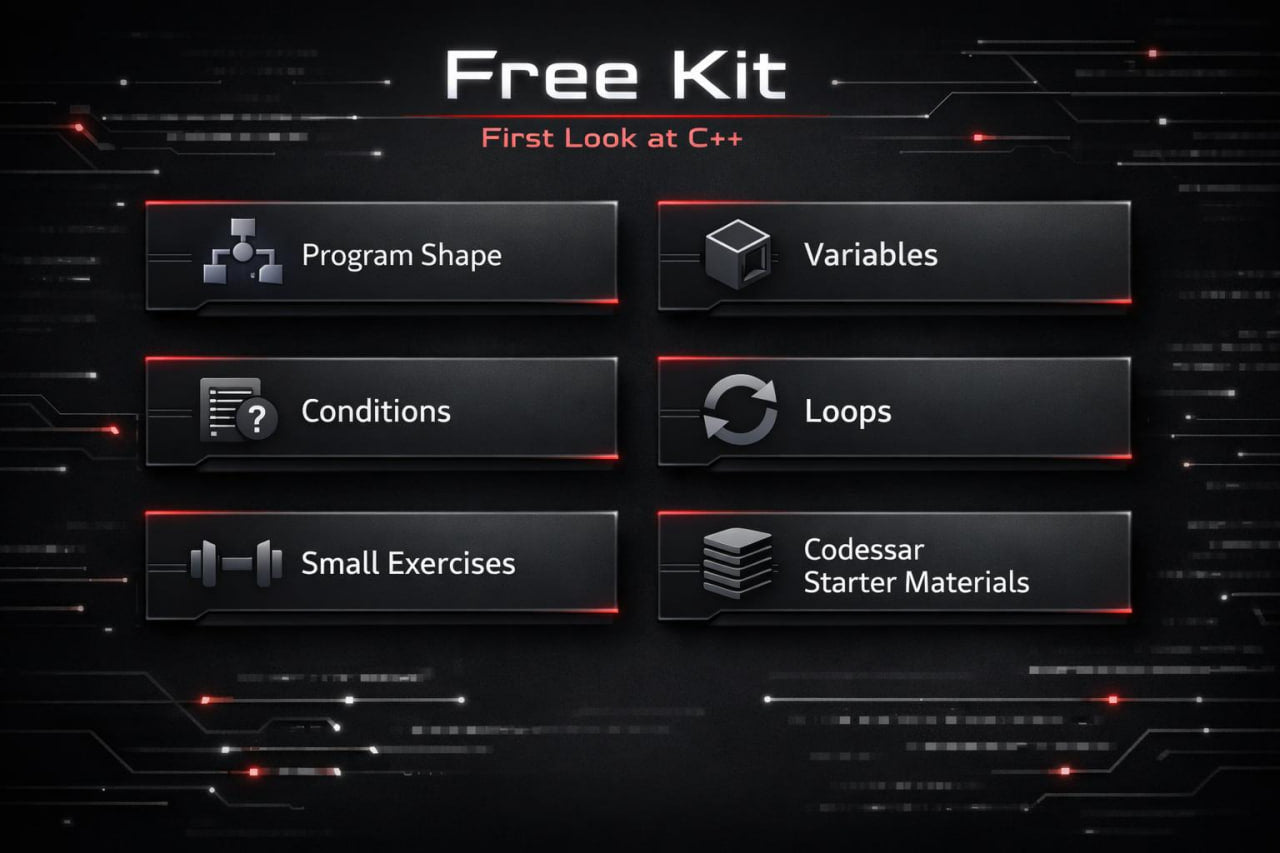 Interface with buttons labeled 'Program Shape', 'Variables', 'Conditions', 'Loops', 'Small Exercises', and 'Codesar Starter Materials' on a dark background.