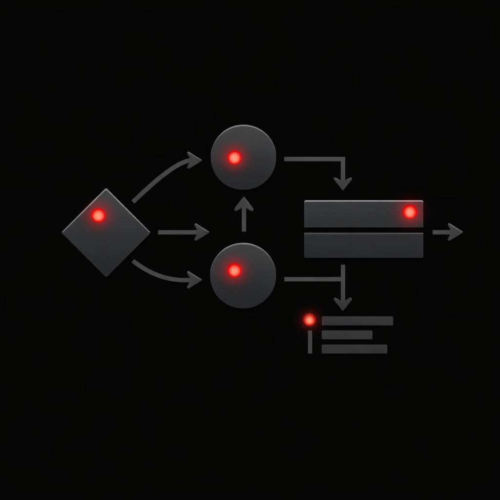 Diagram with interconnected shapes and red dots on a black background