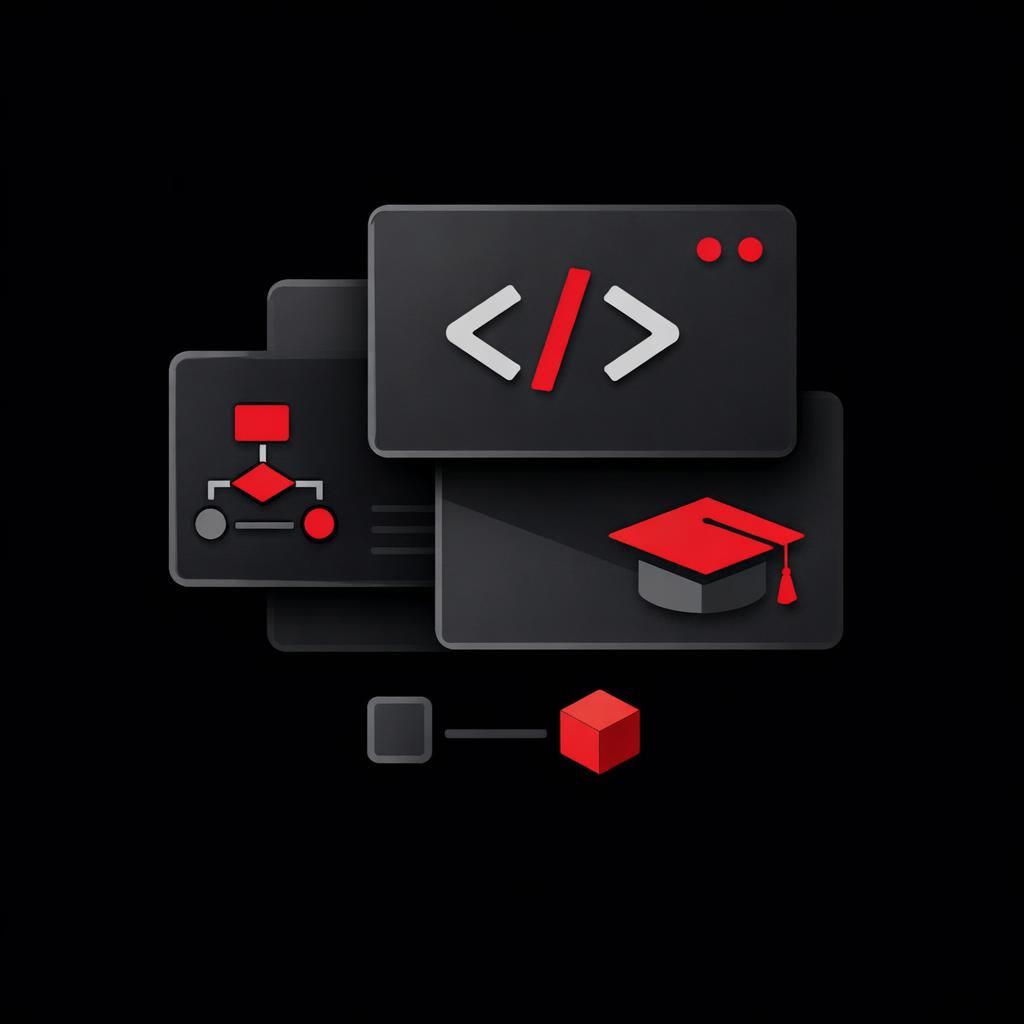 Icons of a computer screen with code symbols, a control panel, a graduation cap, and a cube on a black background.