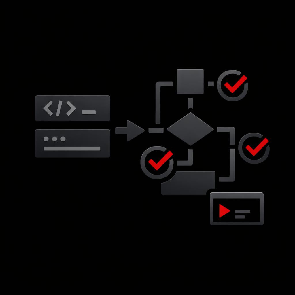 Flowchart with various symbols and red check marks on a black background