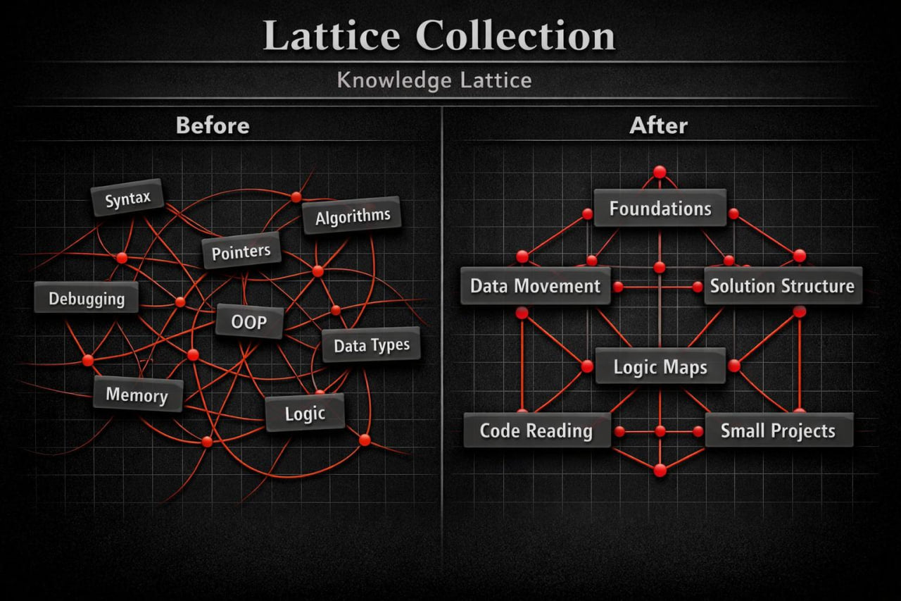 Comparison of a knowledge lattice before and after restructuring on a dark background.