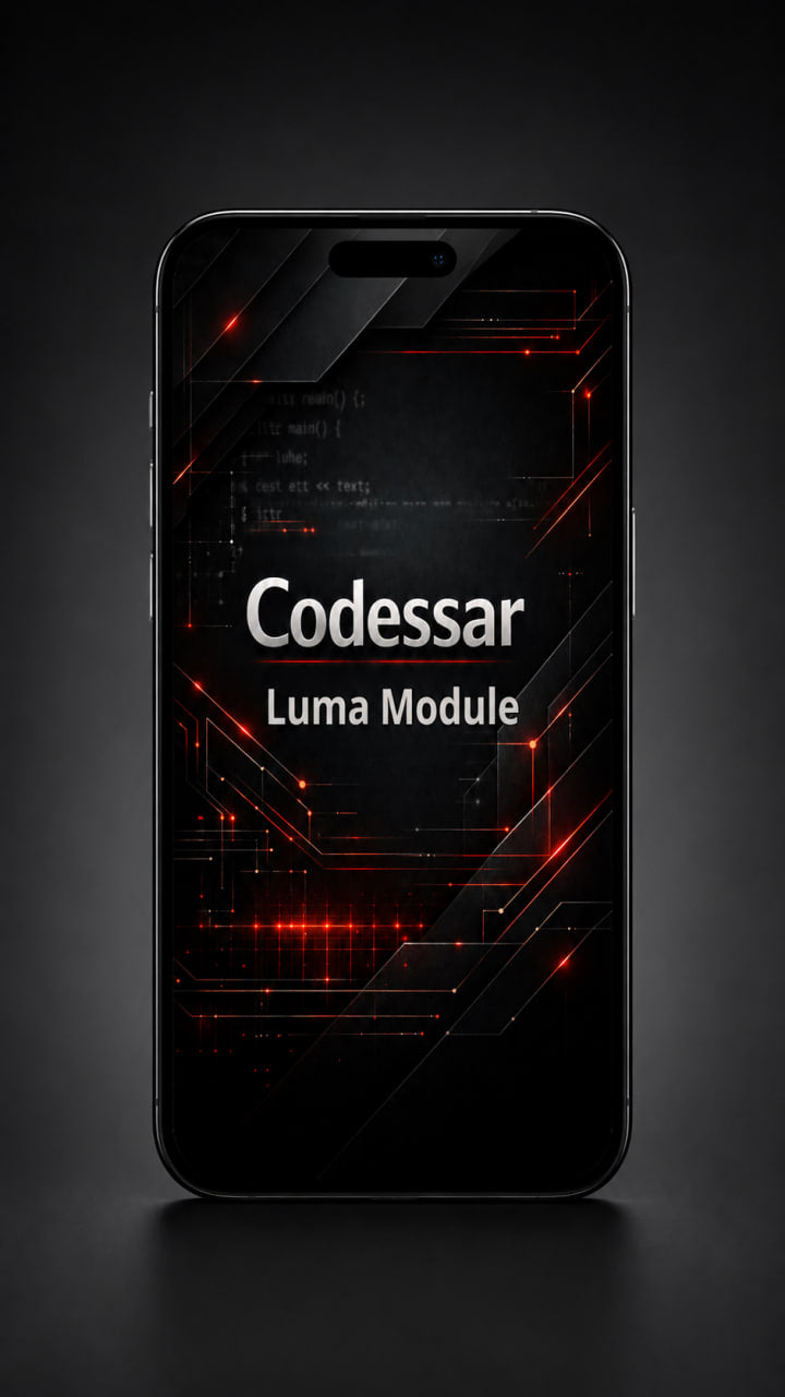 Phone case with Codessar Luma Module branding on a dark background