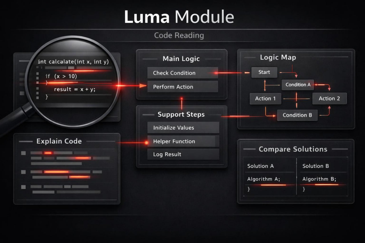 Luma Module software interface with code reading and logic mapping features on a dark background.