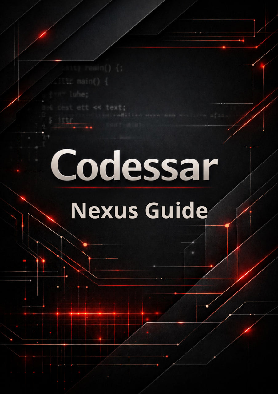 Codessar Nexus Guide with technical design elements on a dark background