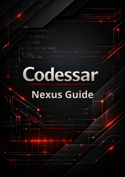Codessar Nexus Guide with technical design elements on a dark background