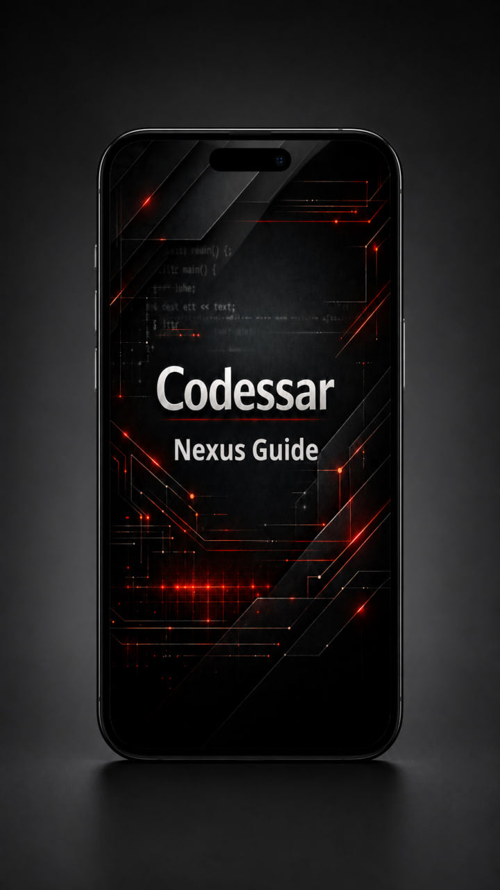 Phone with Codessar Nexus Guide app interface on a dark background