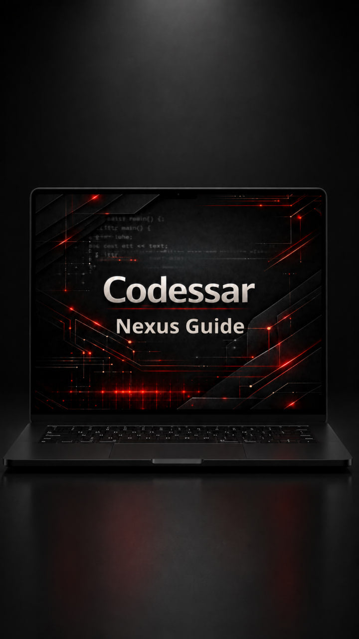 Laptop displaying 'Codessar Nexus Guide' on a dark background