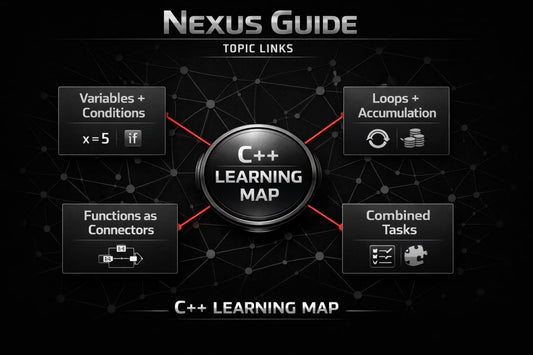 C++ Learning Map with topic links on a dark background