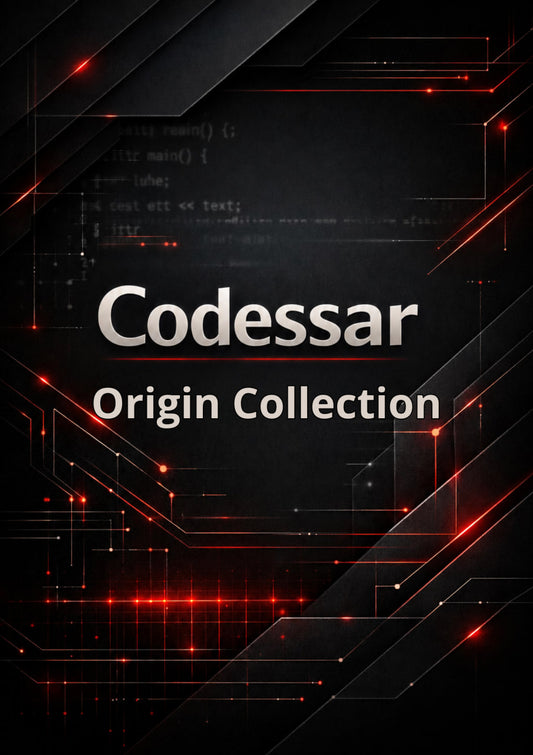 Codessar Origin Collection with technical design elements on a dark background