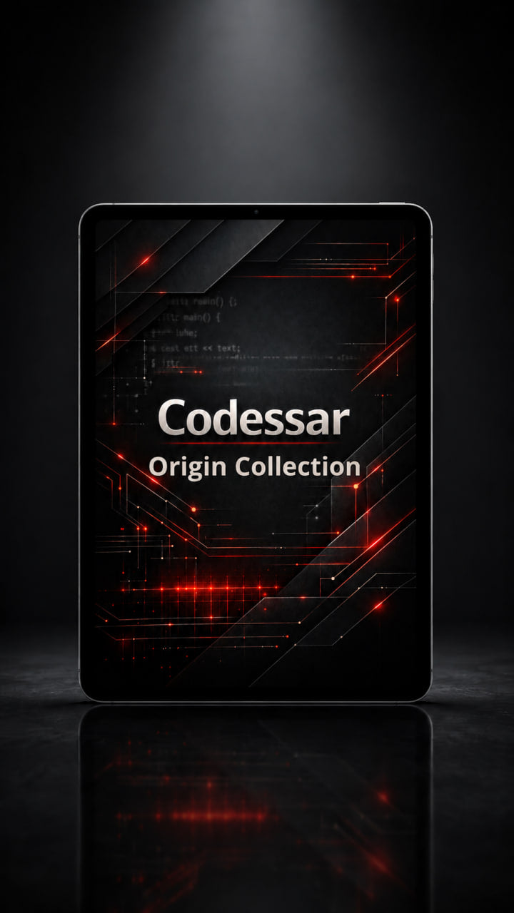 Tablet with Codessar Origin Collection design on a dark background
