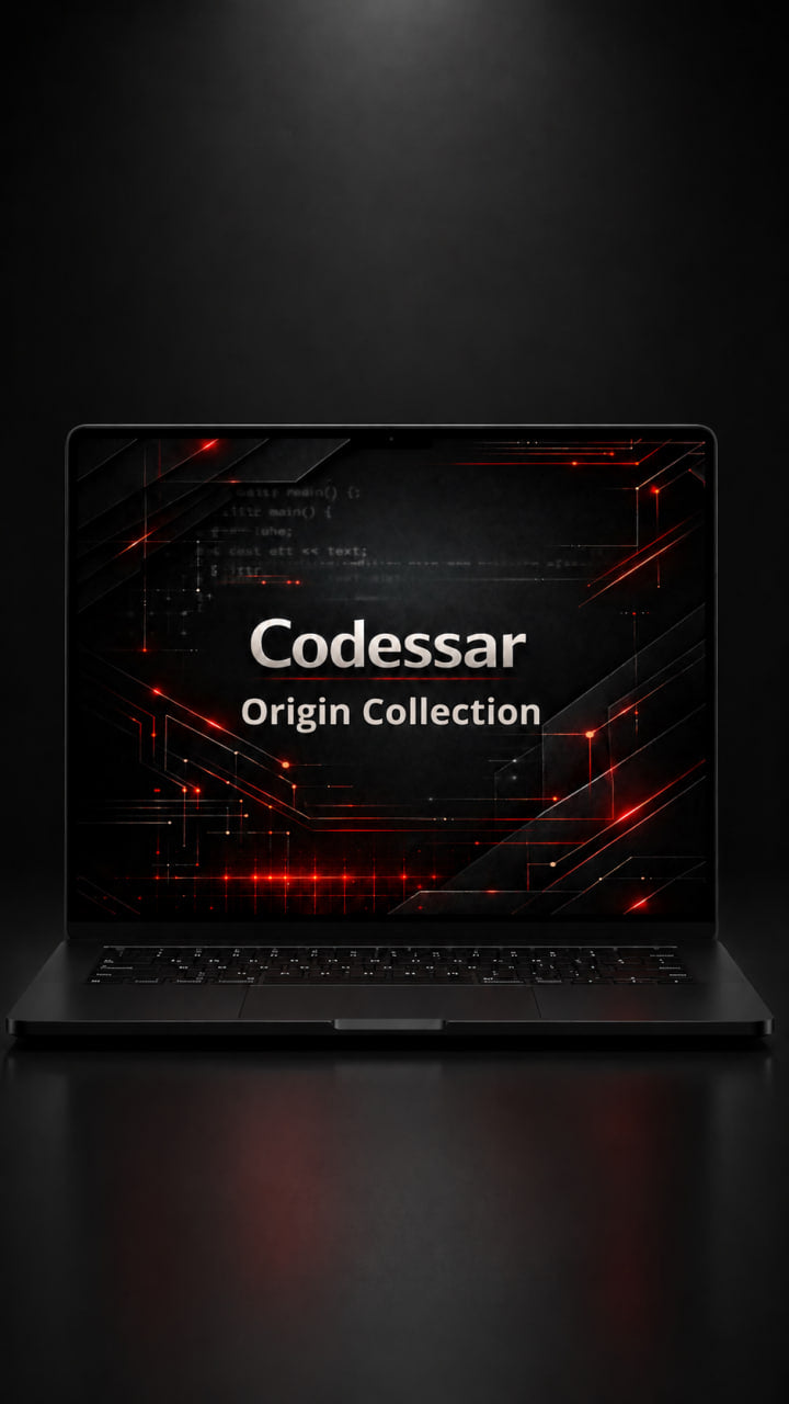 Laptop displaying 'Codessar Origin Collection' on a dark background