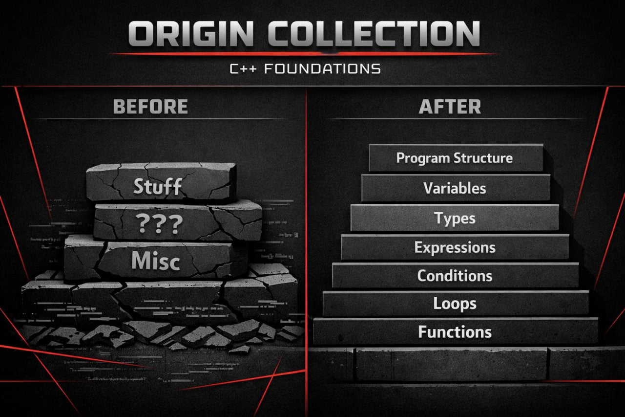 Comparison chart titled 'Origin Collection' showing 'Before' and 'After' categories for C++ programming concepts.