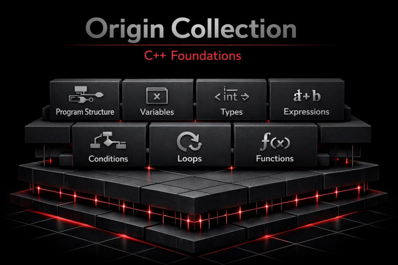Stack of black blocks with C++ programming concepts on a dark background, labeled 'Origin Collection C++ Foundations'.