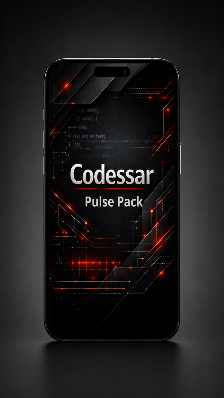Phone case with Codessar Pulse Pack branding on a dark background