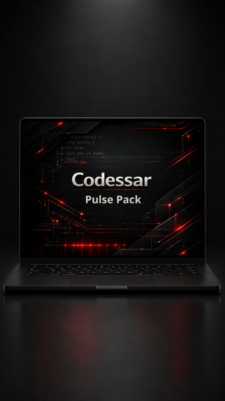 Laptop displaying 'Codessar Pulse Pack' on a dark background