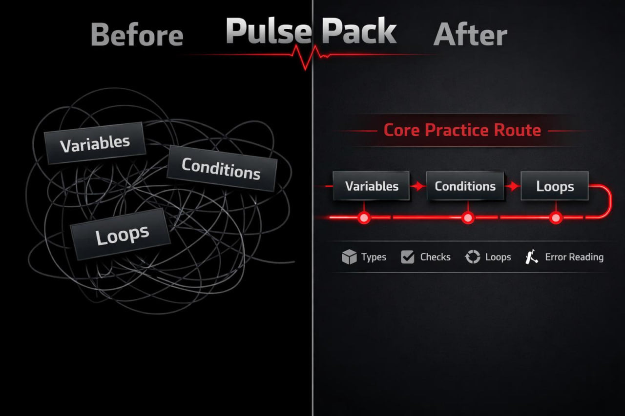 Comparison of programming concepts 'Before' and 'After' using Pulse Pack, with a clear path from variables to conditions to loops.