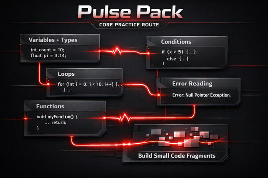 Flowchart titled 'Pulse Pack' with programming concepts on a dark background