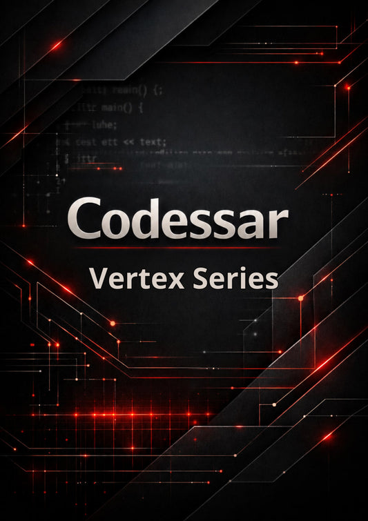 Codessar Vertex Series branding with technical design elements on a dark background