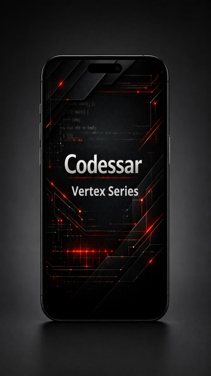 Smartphone with Codessar Vertex Series branding on a dark background