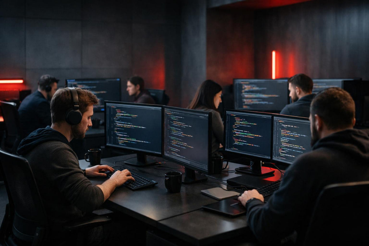 People working on computers in a dark room with red lighting