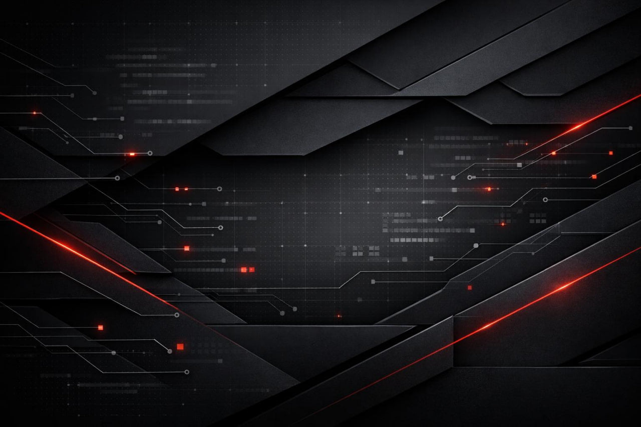 Dark tech background with red lines and digital elements