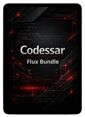 Codessar Flux Bundle packaging with digital design elements on a white background