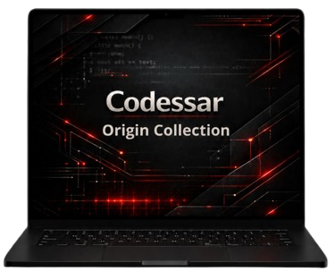 Laptop with Codessar Origin Collection branding on a white background